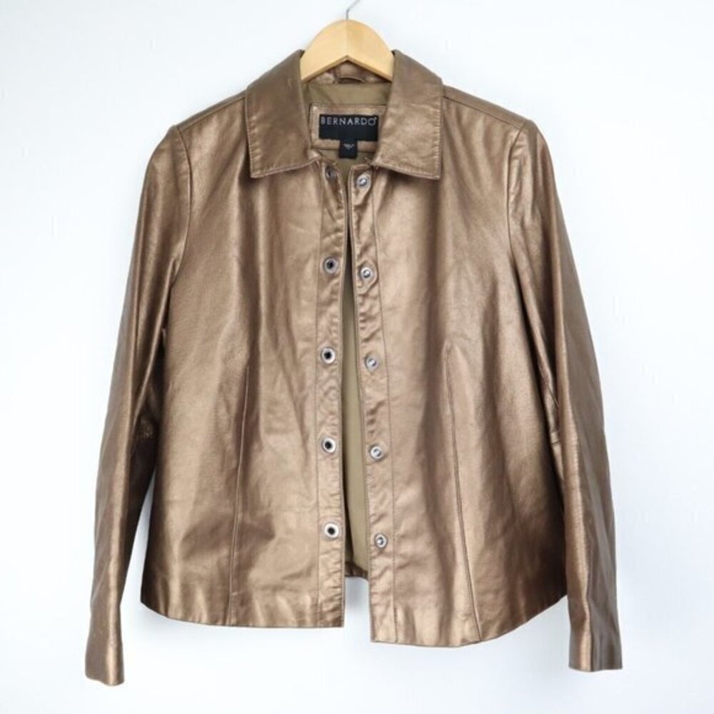 Bernardo Leather Jacket Womens Size PL Vtg y2k Snap Front Boxy Crop Petite Large